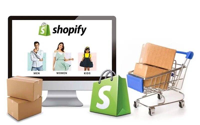 Shopify storefront screen with shopping cart and boxes